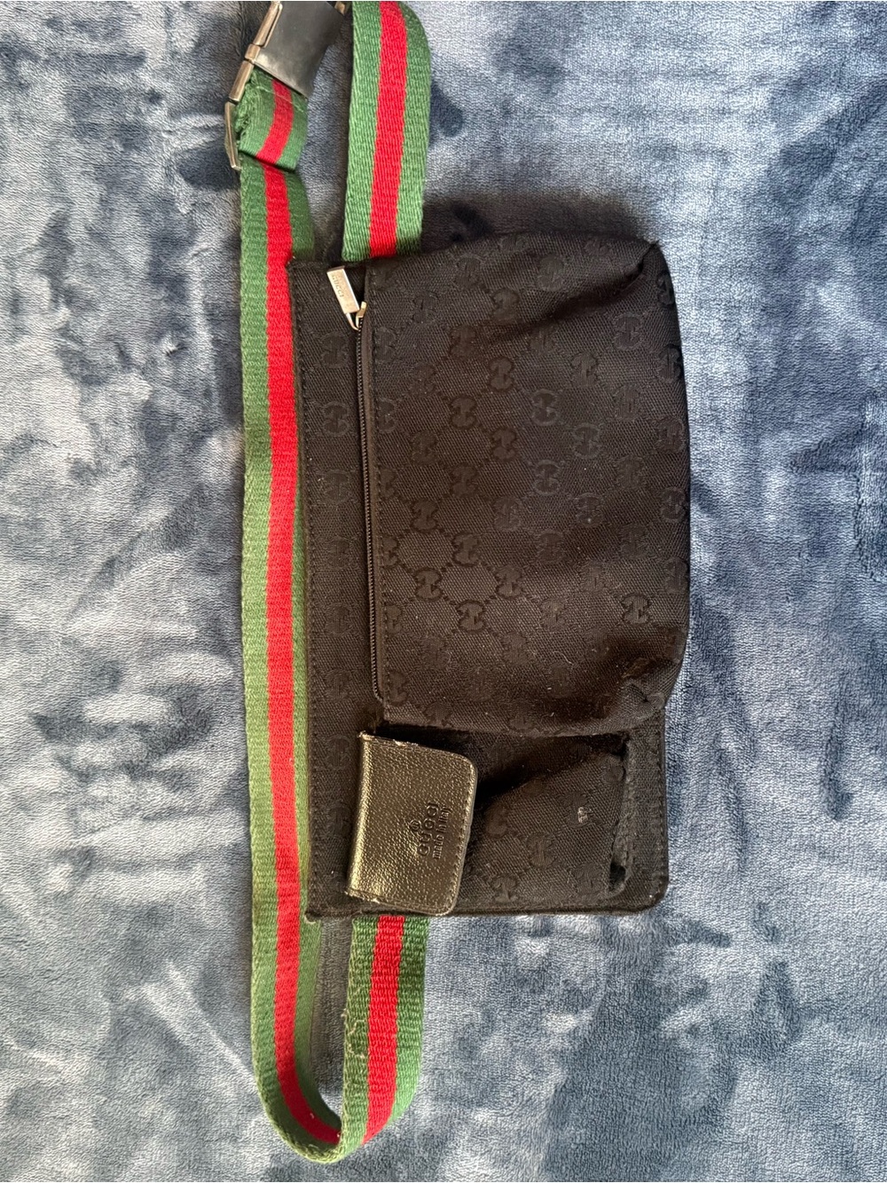 Gucci Black GG Canvas Belt Bag with Green-Red Web Strap